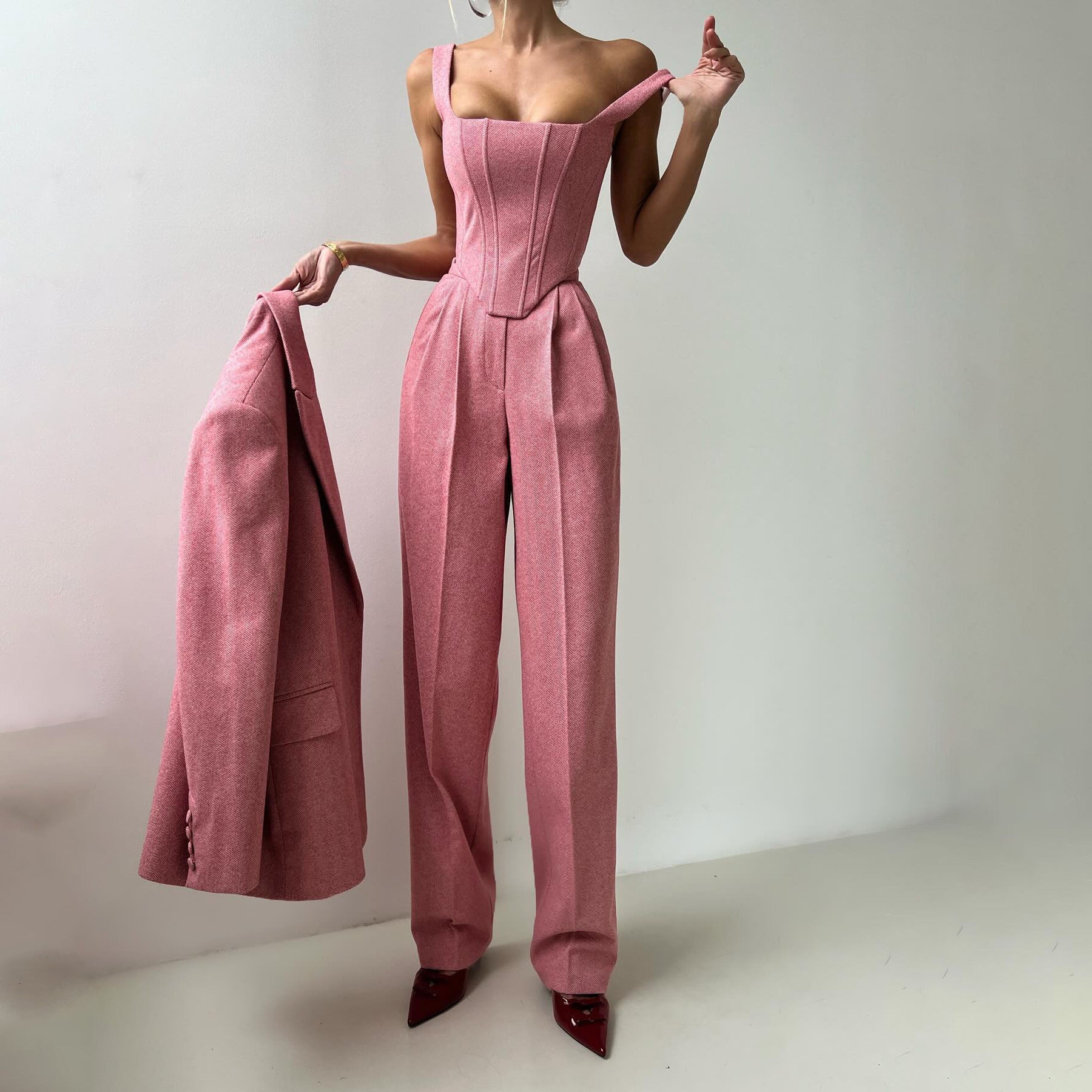 Women’s Two-Piece Woven Suit with Fishbone Texture and Long Sleeves