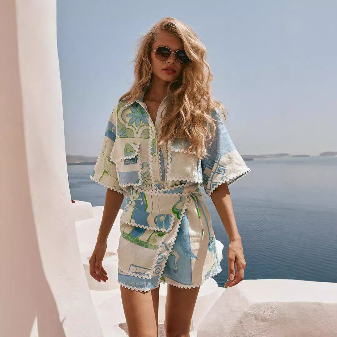 Women’s Two-Piece Set with Geometric Lace Print and Embossed Texture