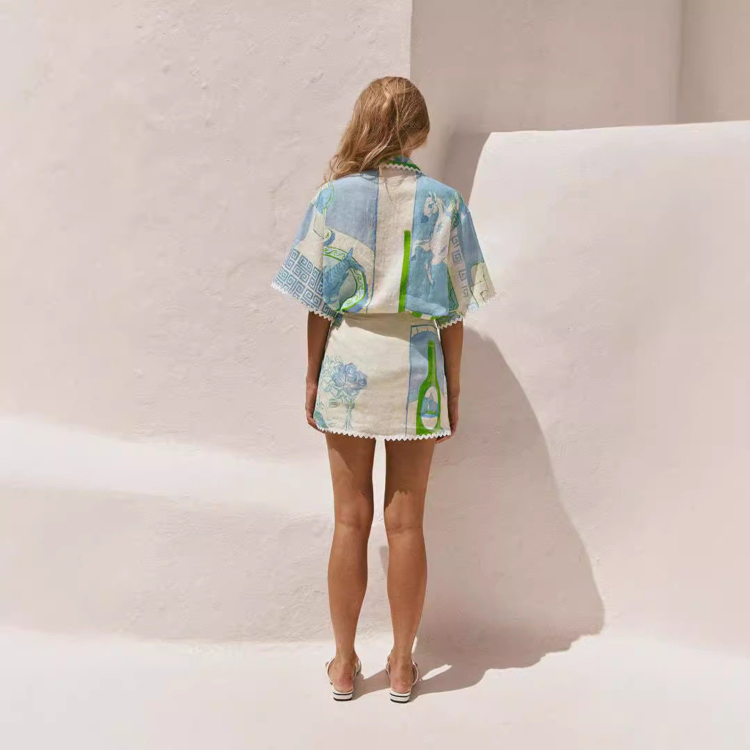 Women’s Two-Piece Set with Geometric Lace Print and Embossed Texture