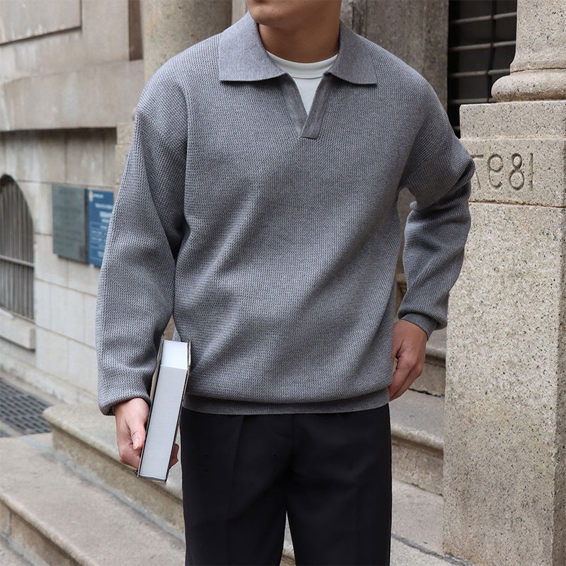 Men’s Slim Fit V-Neck Polo Sweater with Long Sleeves