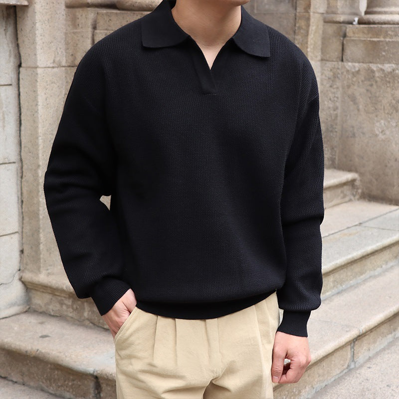 Men’s Slim Fit V-Neck Polo Sweater with Long Sleeves