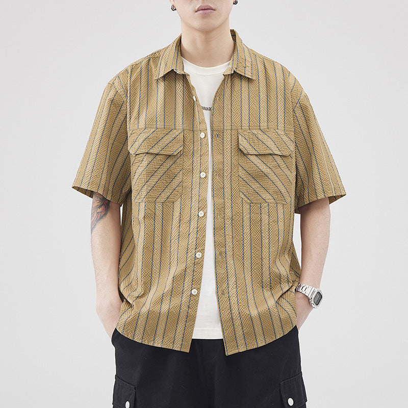 Men’s Short Sleeve Striped Seersucker Texture Cardigan with Non-Iron Finish