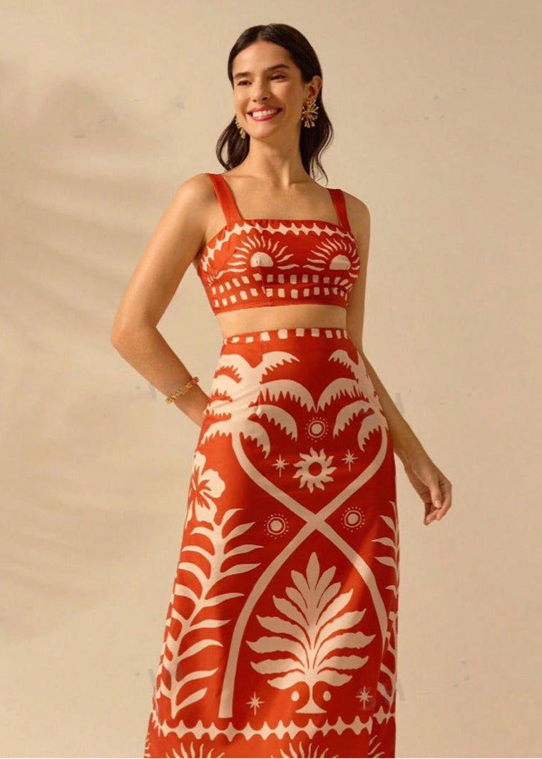 Women’s Tropical Coconut Tree Print Strap Top and Maxi Skirt Set with Lace-Up Detail