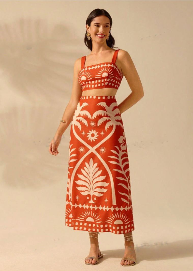 Women’s Tropical Coconut Tree Print Strap Top and Maxi Skirt Set with Lace-Up Detail