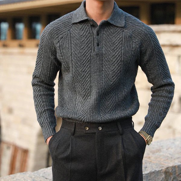 Men’s Textured Knit Sweater with Button-Down Collar – Long Sleeves, Regular Fit