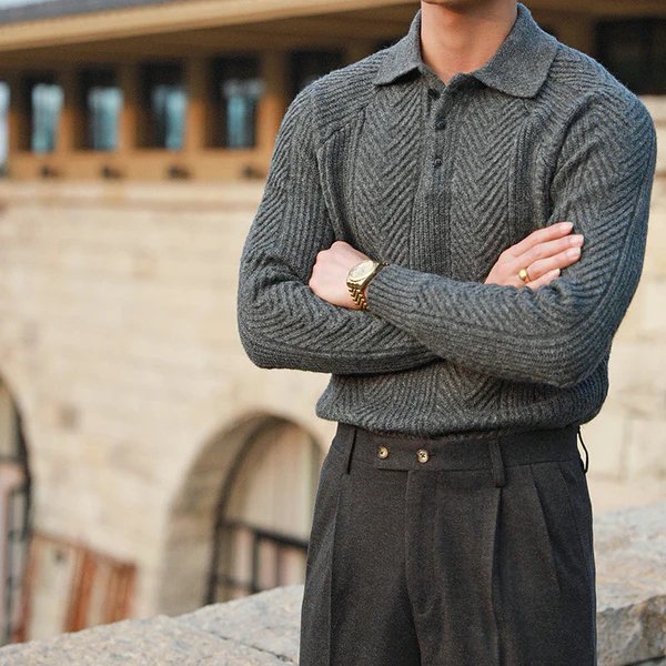 Men’s Textured Knit Sweater with Button-Down Collar – Long Sleeves, Regular Fit