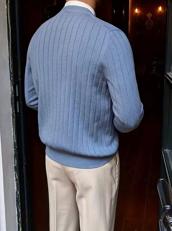 Men's V-Neck Sweater Long Sleeve Solid Color Knit With Ribbed Cuffs and Hem
