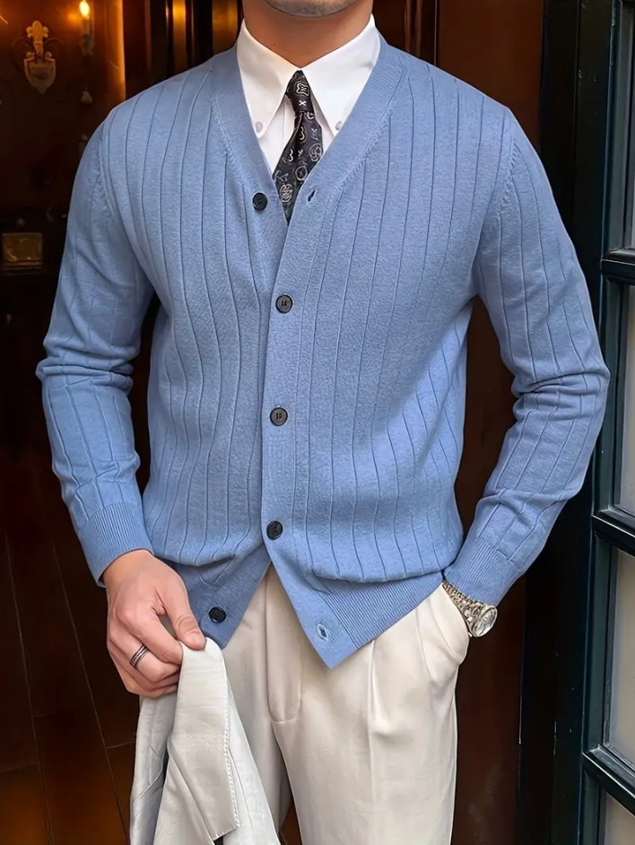 Men's V-Neck Sweater Long Sleeve Solid Color Knit With Ribbed Cuffs and Hem
